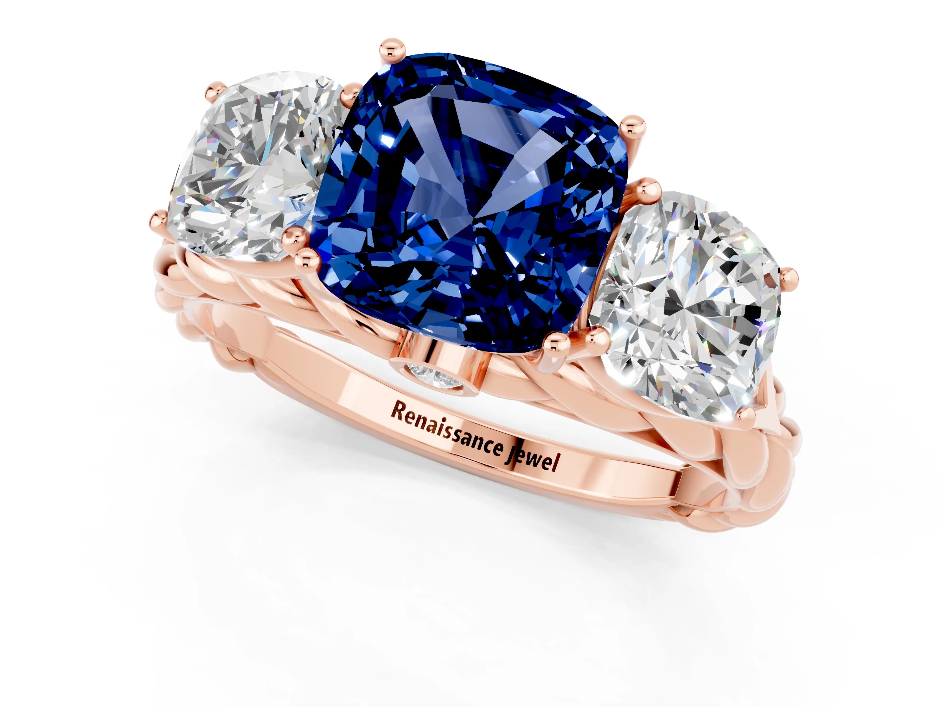 Rose gold Three-Stone Cushion Cut Blue Sapphire Braided Band Ring with Four-Prong Setting_13