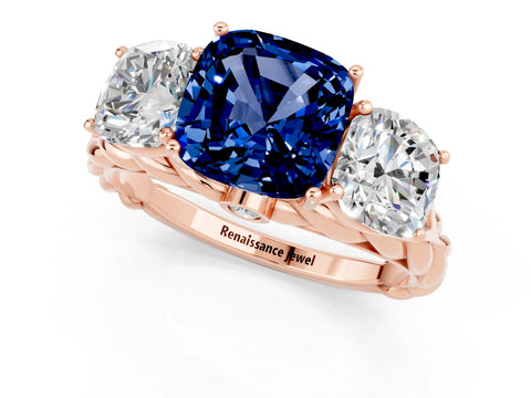 Rose gold Three-Stone Cushion Cut Blue Sapphire Braided Band Ring with Four-Prong Setting_13