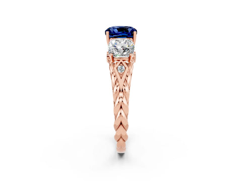 Rose gold Three-Stone Cushion Cut Blue Sapphire Braided Band Ring with Four-Prong Setting_14