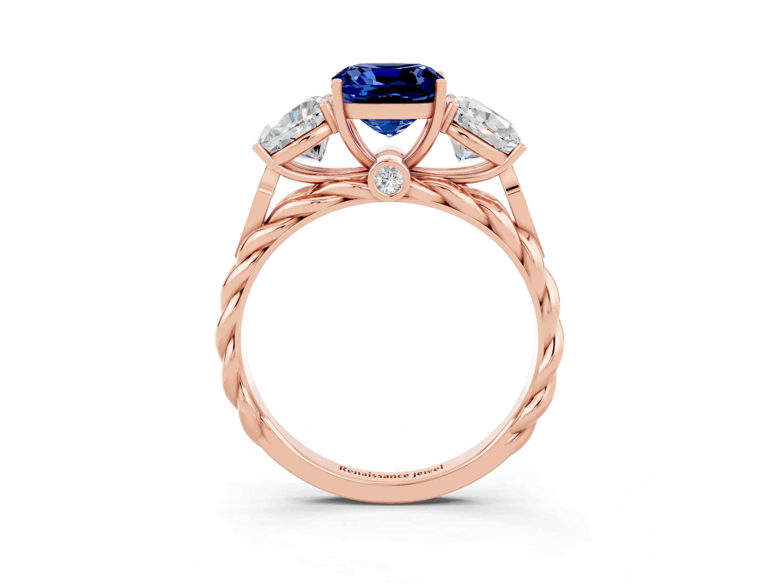 Rose gold Three-Stone Cushion Cut Blue Sapphire Braided Band Ring with Four-Prong Setting_15