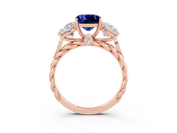 Rose gold Three-Stone Cushion Cut Blue Sapphire Braided Band Ring with Four-Prong Setting