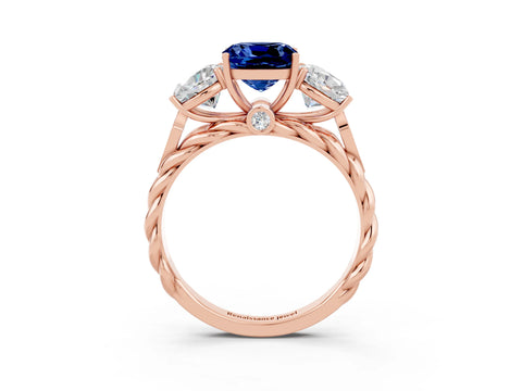 Rose gold Three-Stone Cushion Cut Blue Sapphire Braided Band Ring with Four-Prong Setting_15