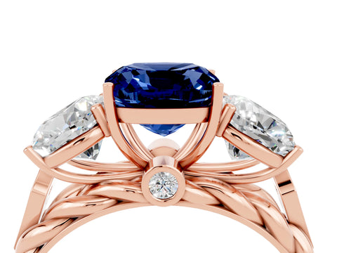 Rose gold Three-Stone Cushion Cut Blue Sapphire Braided Band Ring with Four-Prong Setting_16