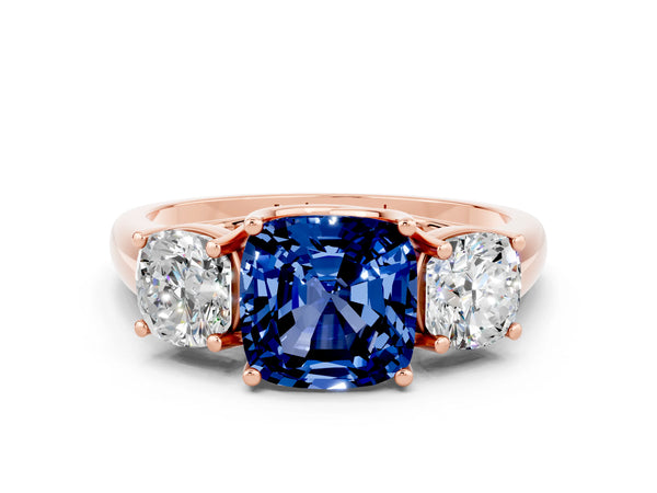 Rose gold Three-Stone Cushion Cut Blue Sapphire Engagement Ring with Prong Setting
