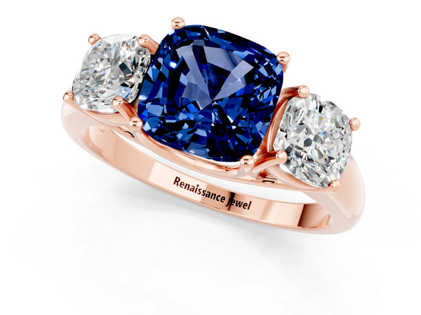Rose gold Three-Stone Cushion Cut Blue Sapphire Engagement Ring with Prong Setting