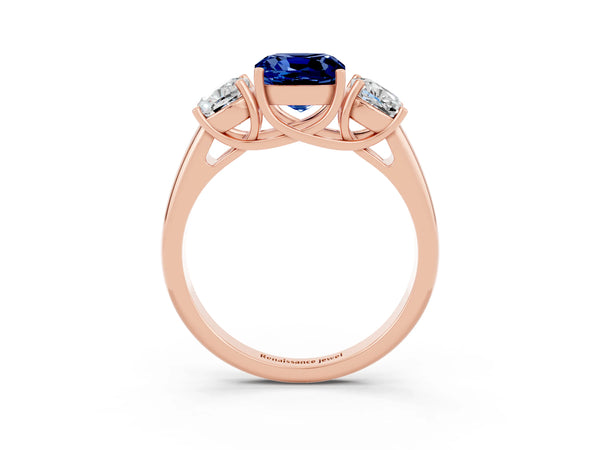 Rose gold Three-Stone Cushion Cut Blue Sapphire Engagement Ring with Prong Setting