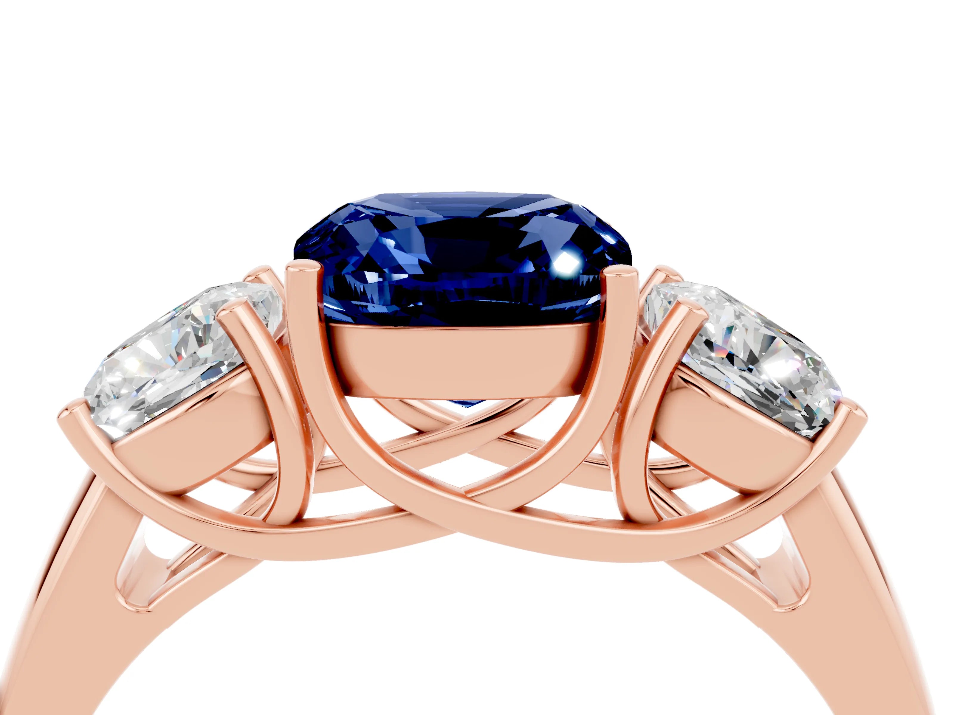 Rose gold Three-Stone Cushion Cut Blue Sapphire Engagement Ring with Prong Setting_4