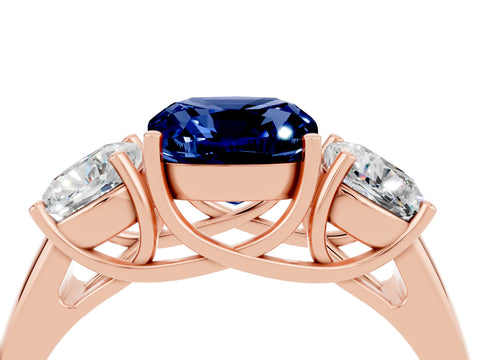 Rose gold Three-Stone Cushion Cut Blue Sapphire Engagement Ring with Prong Setting_4