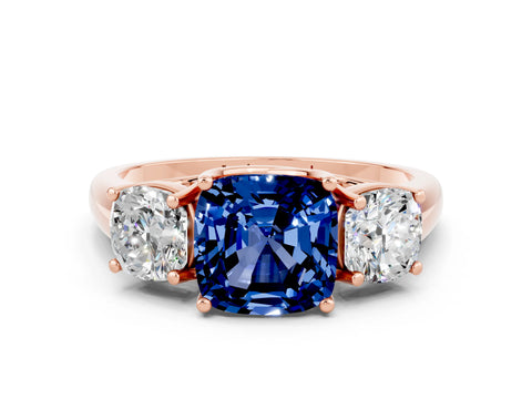 Rose gold Three-Stone Cushion Cut Blue Sapphire Engagement Ring with Prong Setting