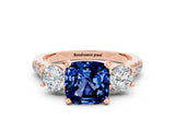 Rose gold Three-Stone Cushion Cut Blue Sapphire Pavé Band with Four-Prong Setting