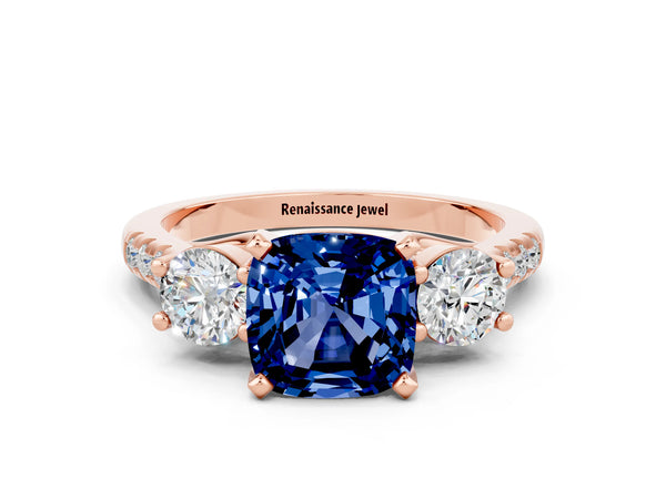 Rose gold Three-Stone Cushion Cut Blue Sapphire Pavé Band with Four-Prong Setting