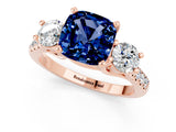 Rose gold Three-Stone Cushion Cut Blue Sapphire Pavé Band with Four-Prong Setting_1