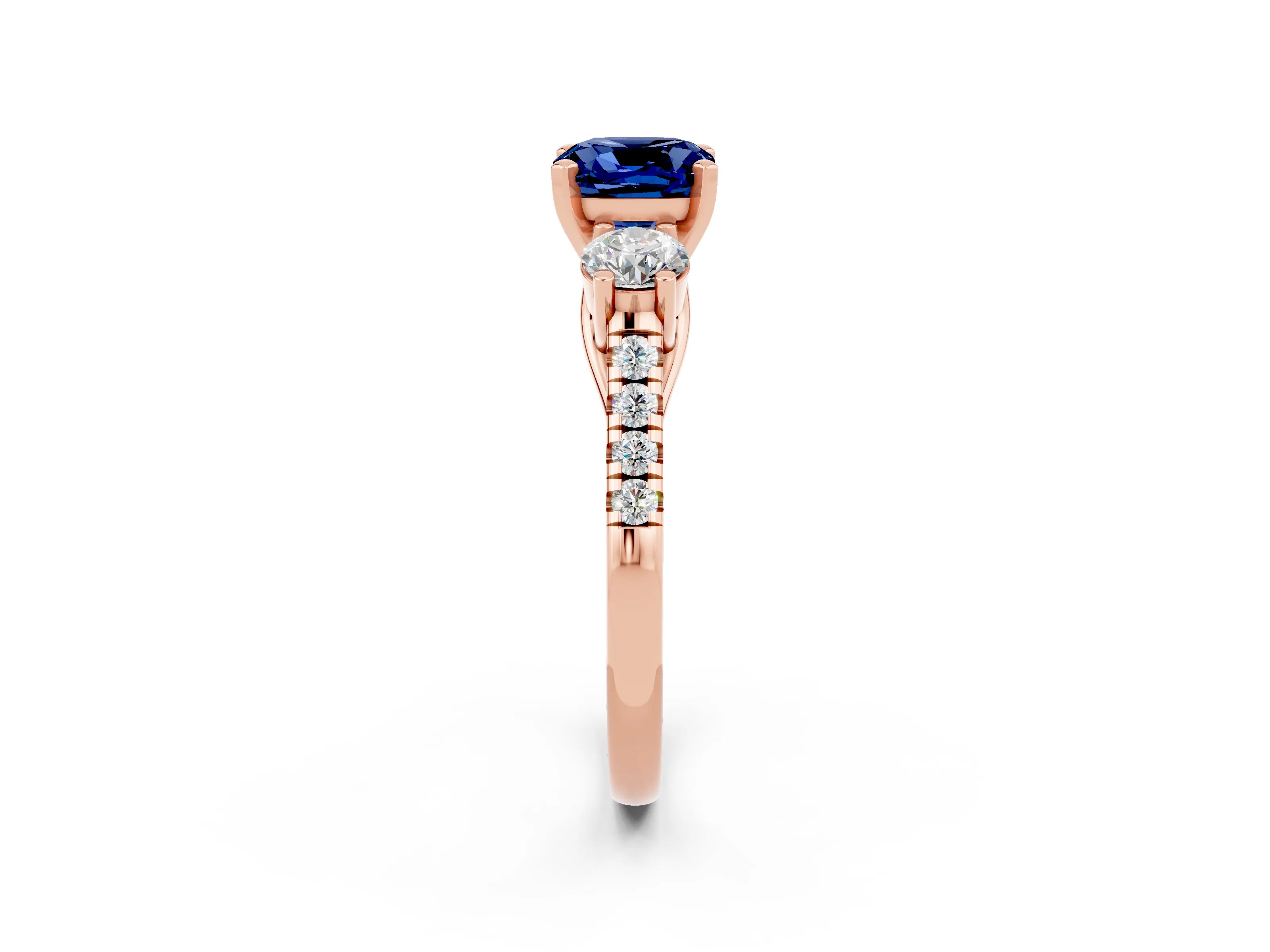 Rose gold Three-Stone Cushion Cut Blue Sapphire Pavé Band with Four-Prong Setting_2