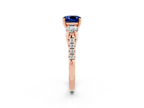 Rose gold Three-Stone Cushion Cut Blue Sapphire Pavé Band with Four-Prong Setting