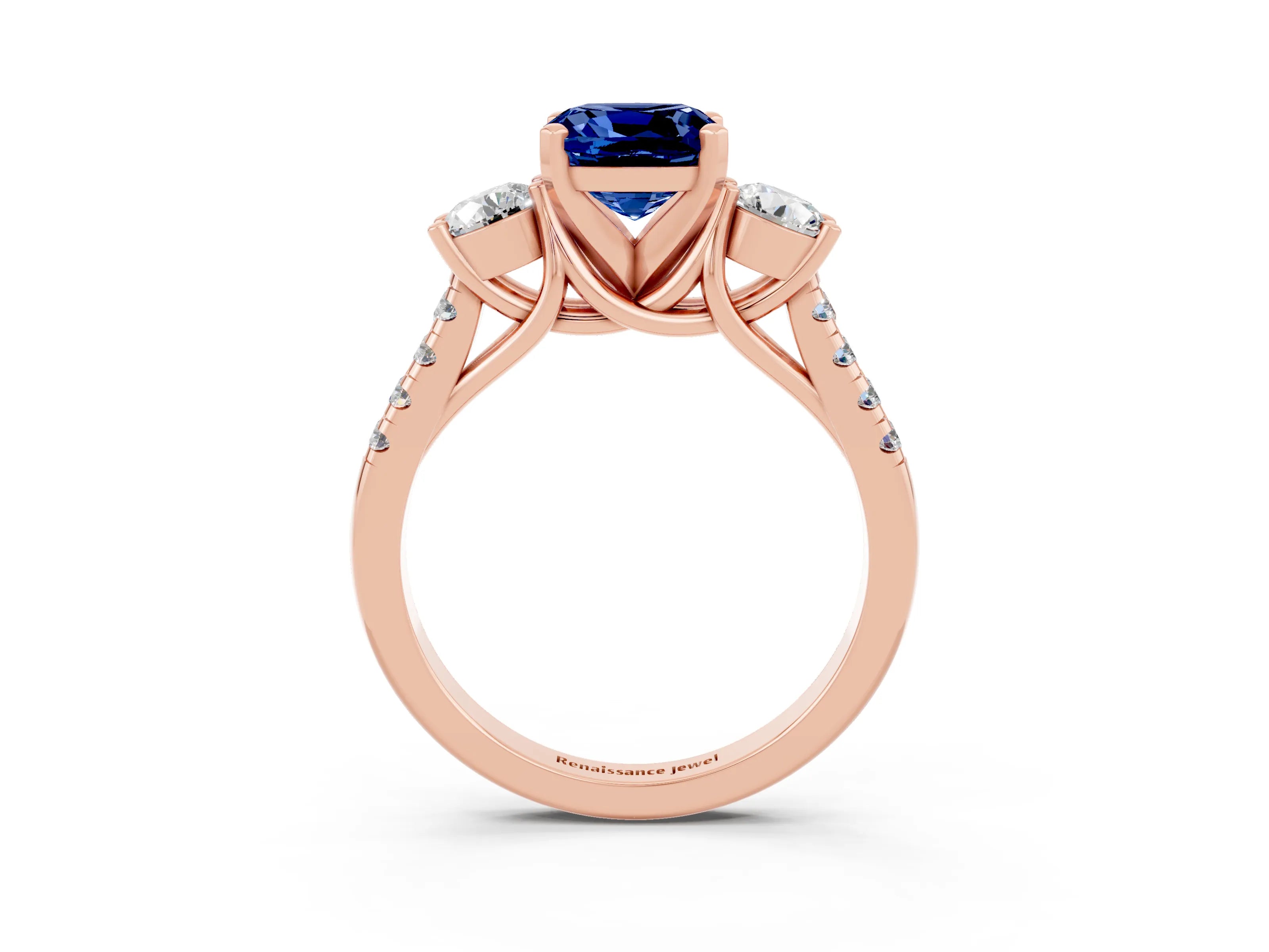 Rose gold Three-Stone Cushion Cut Blue Sapphire Pavé Band with Four-Prong Setting_3