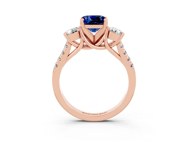 Rose gold Three-Stone Cushion Cut Blue Sapphire Pavé Band with Four-Prong Setting