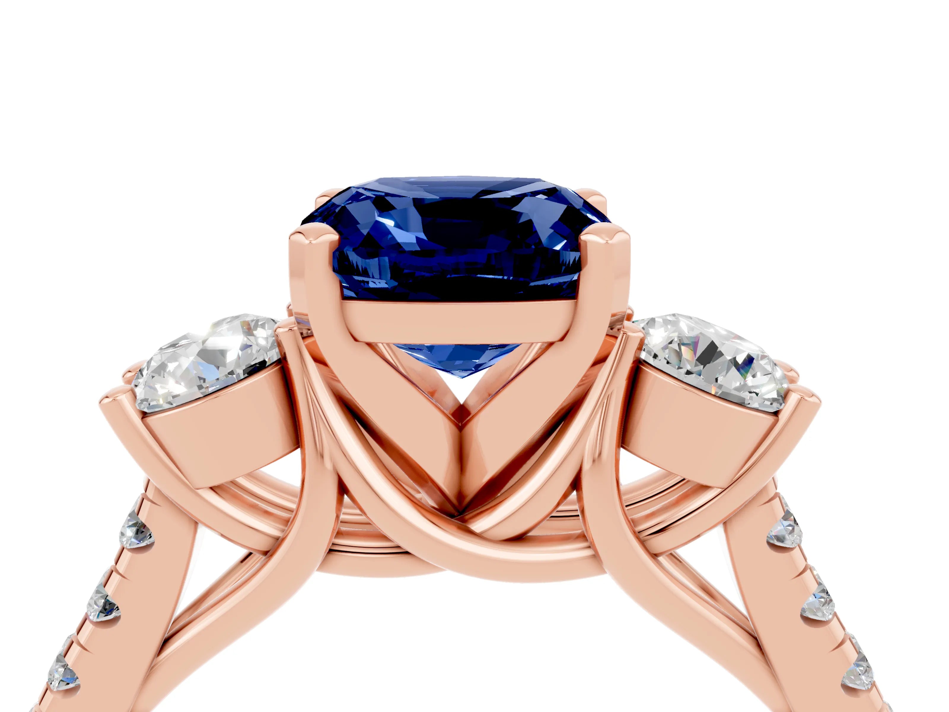 Rose gold Three-Stone Cushion Cut Blue Sapphire Pavé Band with Four-Prong Setting_4