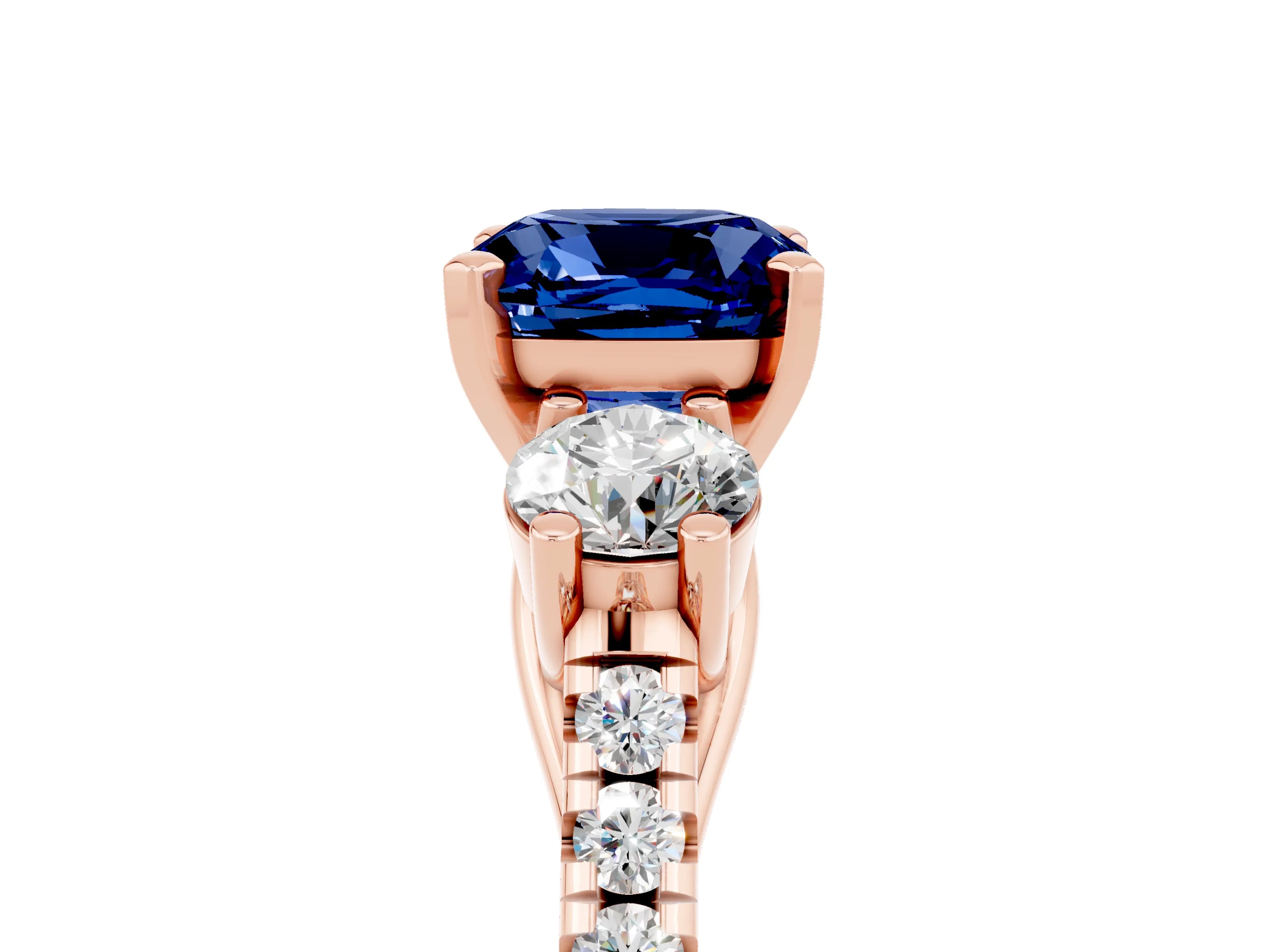 Rose gold Three-Stone Cushion Cut Blue Sapphire Pavé Band with Four-Prong Setting_5