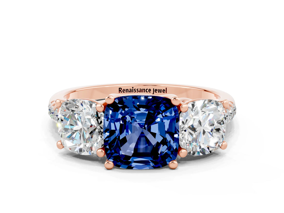 Rose gold Three-Stone Cushion Cut Blue Sapphire Ring with Pavé Band and Prong Setting_12