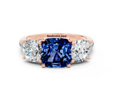 Rose gold Three-Stone Cushion Cut Blue Sapphire Ring with Pavé Band and Prong Setting_12