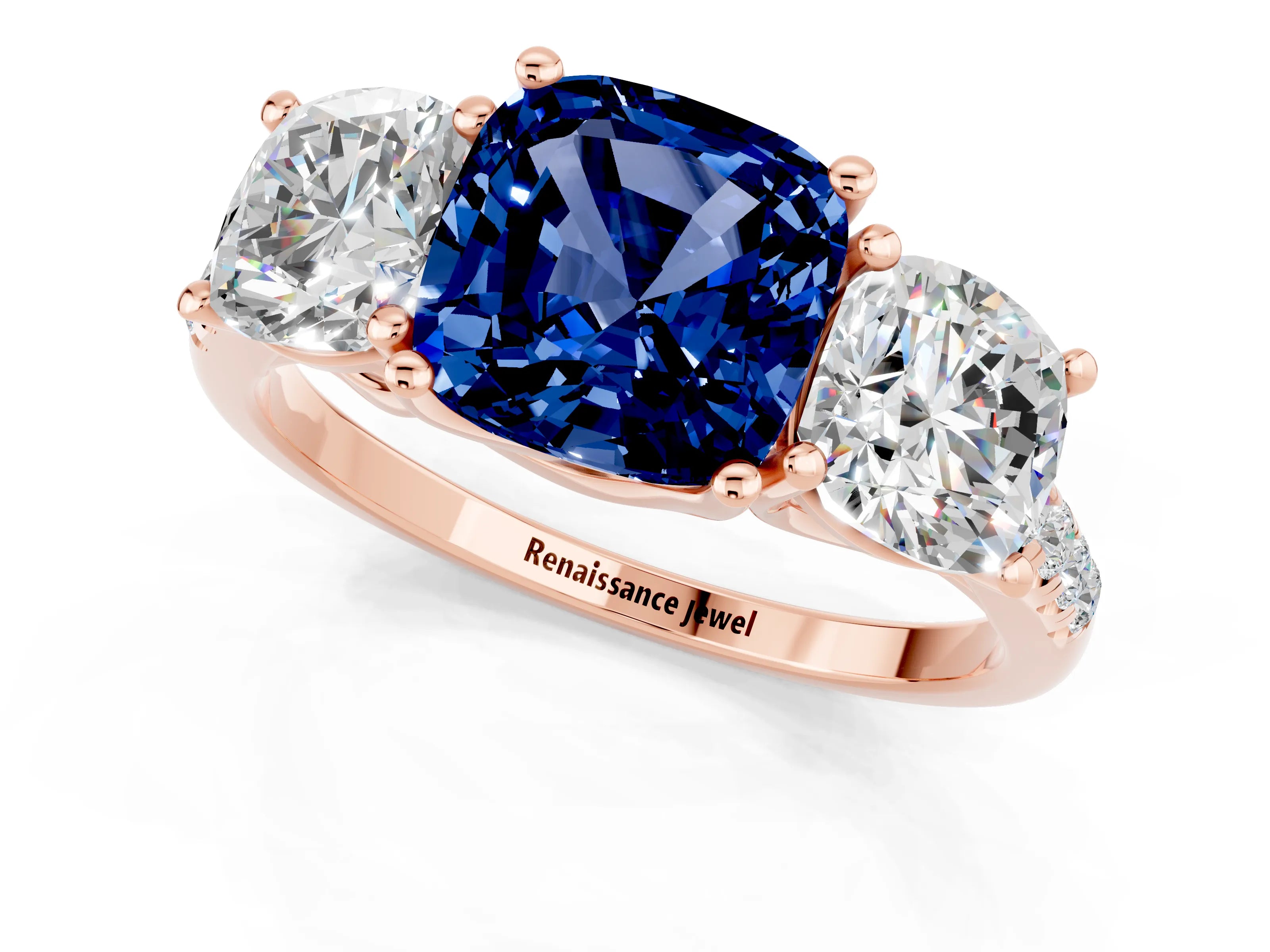 Rose gold Three-Stone Cushion Cut Blue Sapphire Ring with Pavé Band and Prong Setting_13