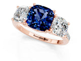 Rose gold Three-Stone Cushion Cut Blue Sapphire Ring with Pavé Band and Prong Setting_13