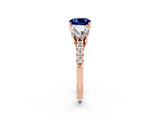 Rose gold Three-Stone Cushion Cut Blue Sapphire Ring with Pavé Band and Prong Setting_14