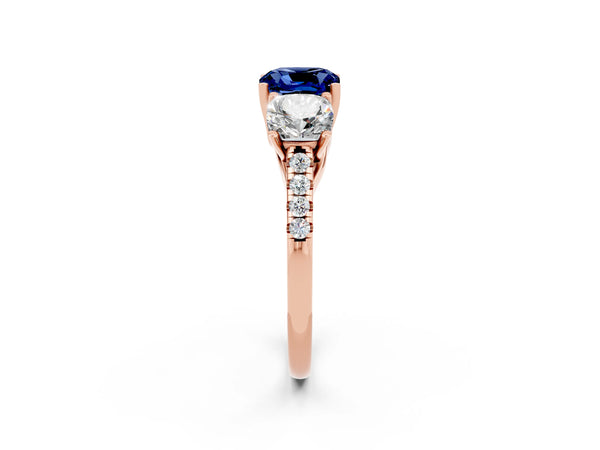 Rose gold Three-Stone Cushion Cut Blue Sapphire Ring with Round  Pavé Band and Prong Setting