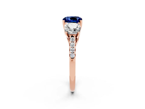 Rose gold Three-Stone Cushion Cut Blue Sapphire Ring with Pavé Band and Prong Setting_14