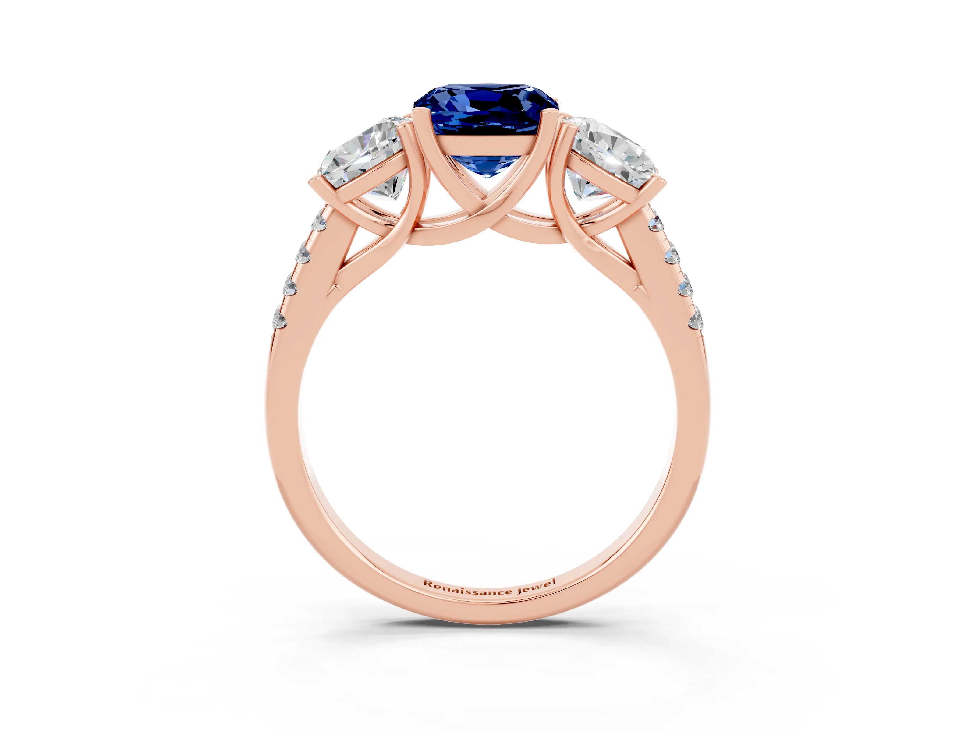 Rose gold Three-Stone Cushion Cut Blue Sapphire Ring with Pavé Band and Prong Setting_15