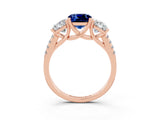 Rose gold Three-Stone Cushion Cut Blue Sapphire Ring with Pavé Band and Prong Setting_15