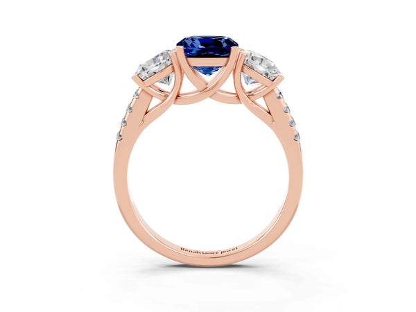 Rose gold Three-Stone Cushion Cut Blue Sapphire Ring with Round  Pavé Band and Prong Setting