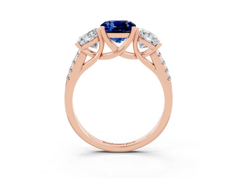 Rose gold Three-Stone Cushion Cut Blue Sapphire Ring with Pavé Band and Prong Setting_15