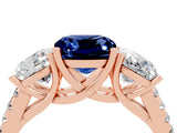 Rose gold Three-Stone Cushion Cut Blue Sapphire Ring with Pavé Band and Prong Setting_16