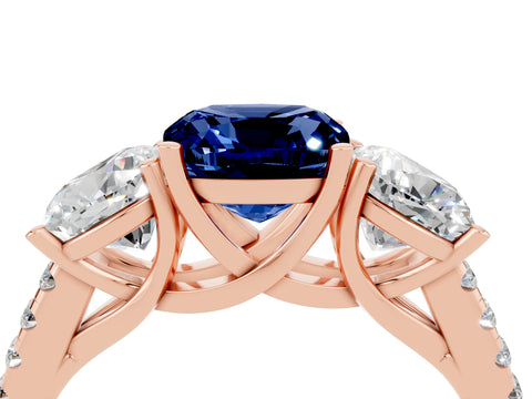 Rose gold Three-Stone Cushion Cut Blue Sapphire Ring with Pavé Band and Prong Setting_16