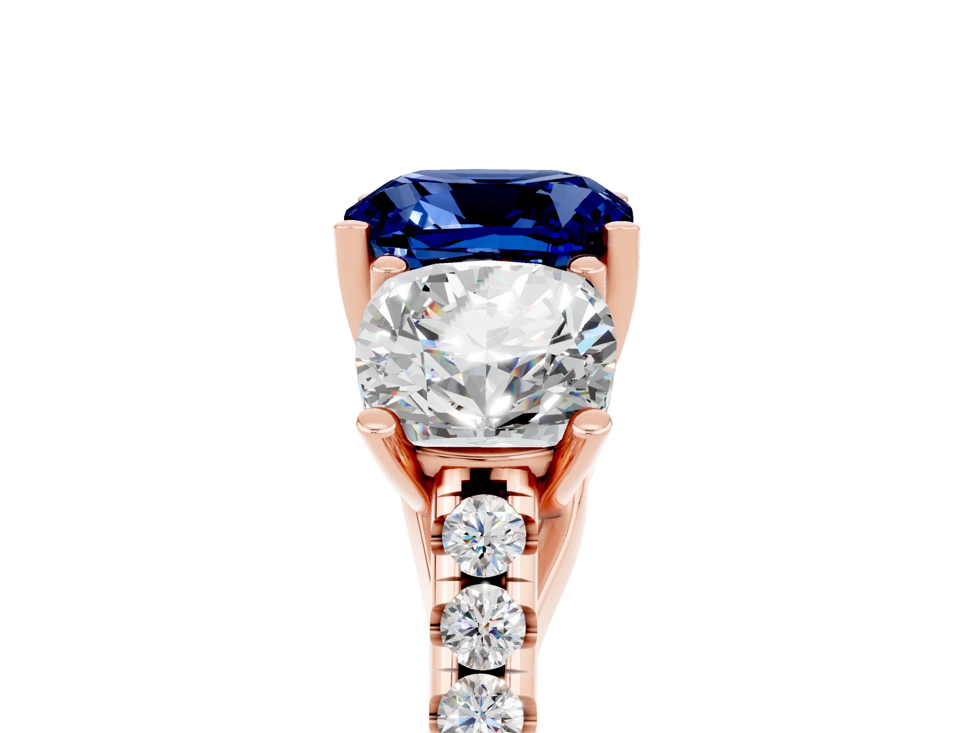 Rose gold Three-Stone Cushion Cut Blue Sapphire Ring with Pavé Band and Prong Setting_17