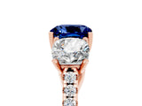 Rose gold Three-Stone Cushion Cut Blue Sapphire Ring with Pavé Band and Prong Setting_17