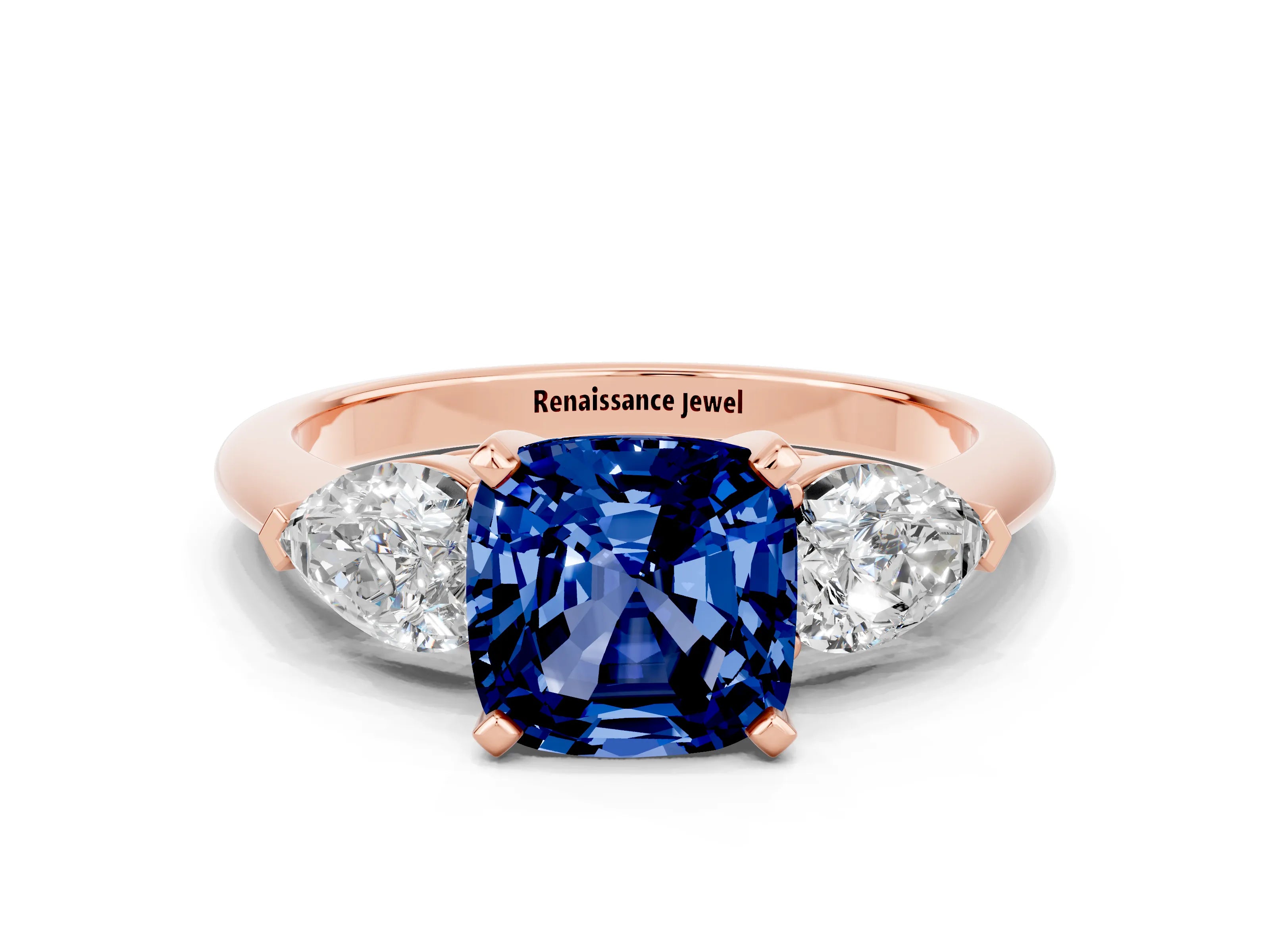 Rose gold Three-Stone Cushion Cut Blue Sapphire Ring with Pear Side Stones and Four-Prong Setting