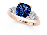 Rose gold Three-Stone Cushion Cut Blue Sapphire Ring with Pear Side Stones and Four-Prong Setting_1