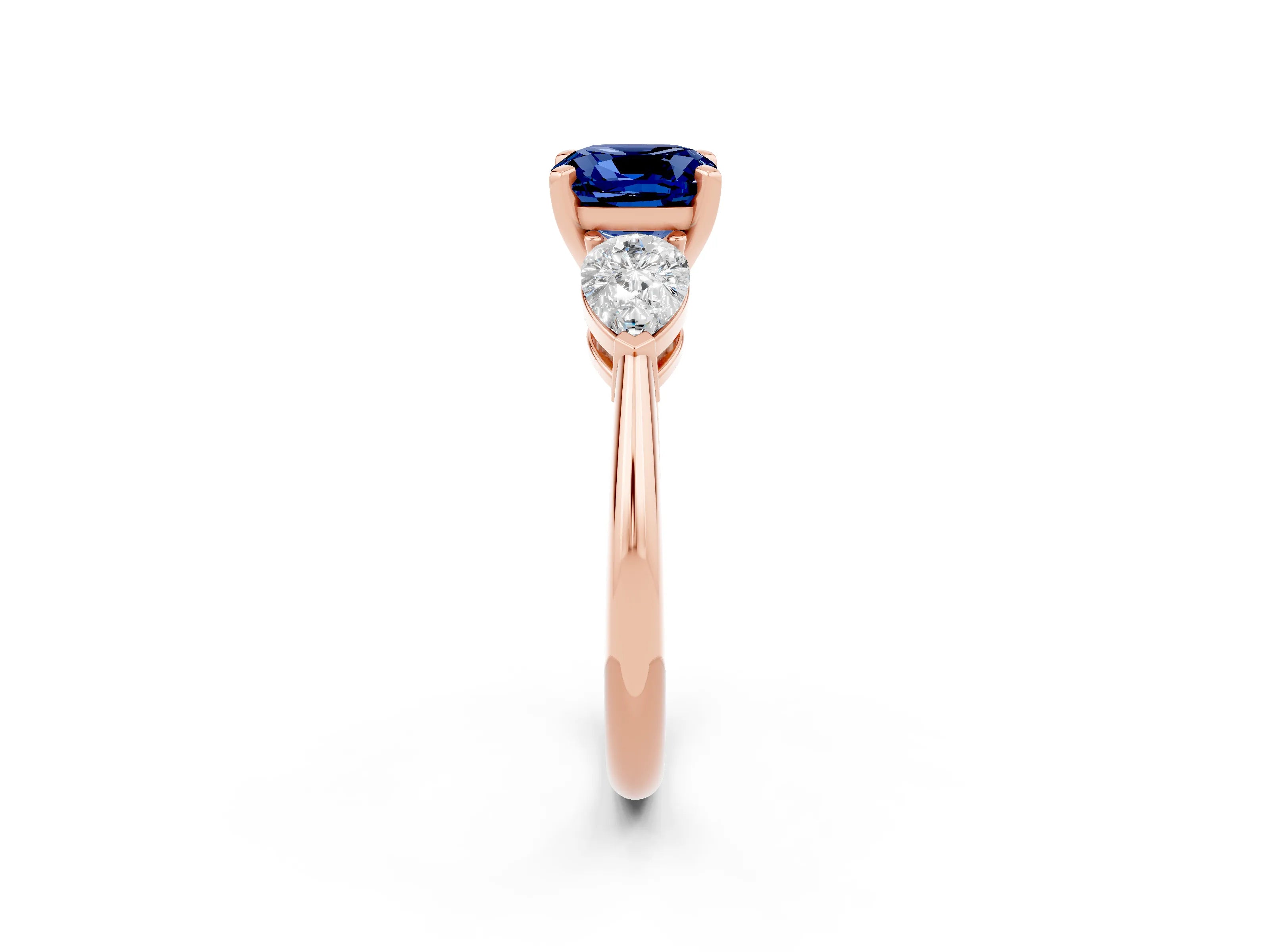 Rose gold Three-Stone Cushion Cut Blue Sapphire Ring with Pear Side Stones and Four-Prong Setting_2