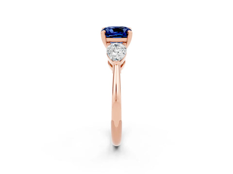 Rose gold Three-Stone Cushion Cut Blue Sapphire Ring with Pear Side Stones and Four-Prong Setting_2