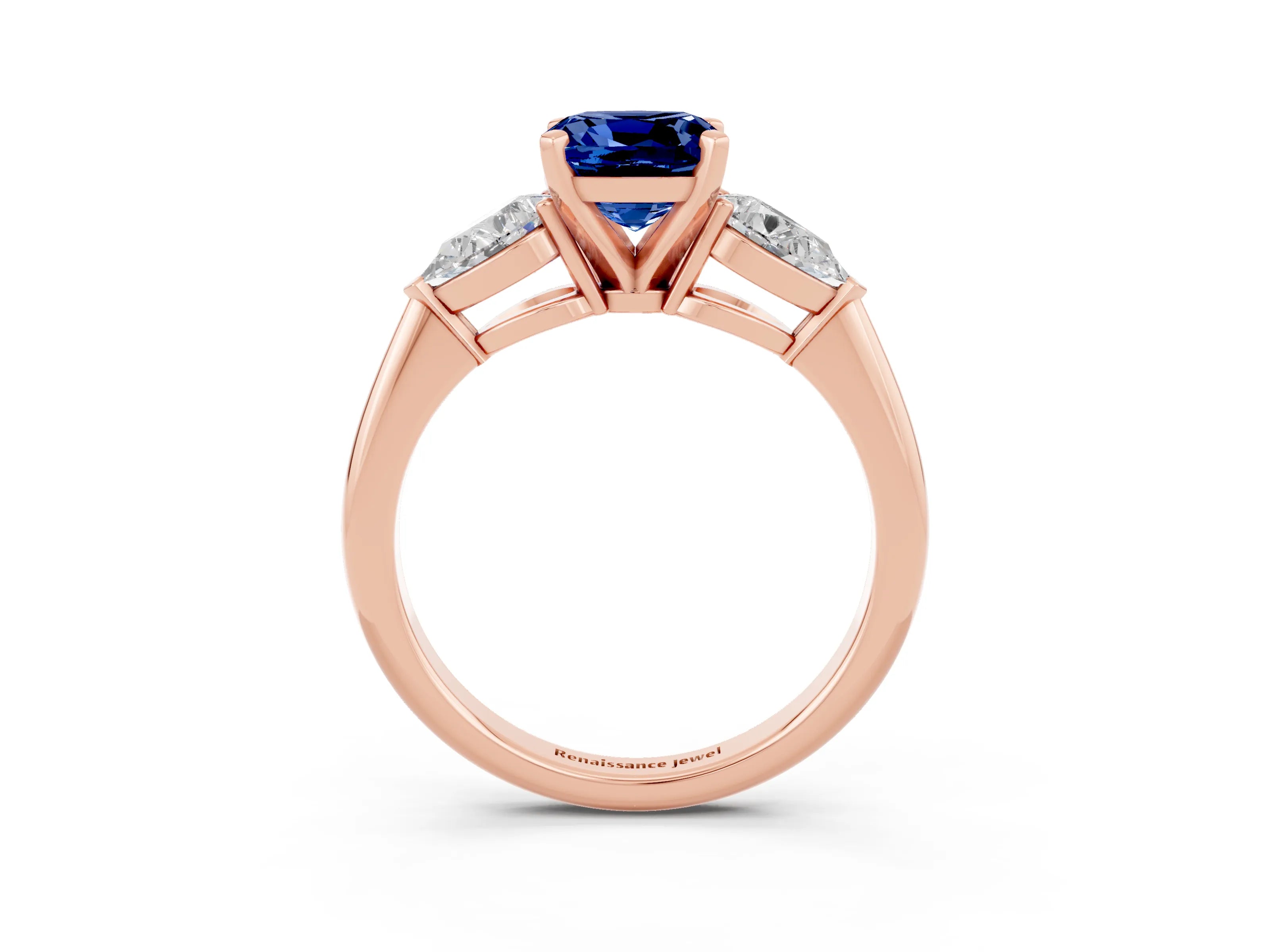 Rose gold Three-Stone Cushion Cut Blue Sapphire Ring with Pear Side Stones and Four-Prong Setting_3