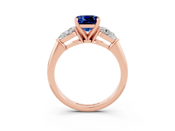 Rose gold Three-Stone Cushion Cut Blue Sapphire Ring with Pear Side Stones and Four-Prong Setting