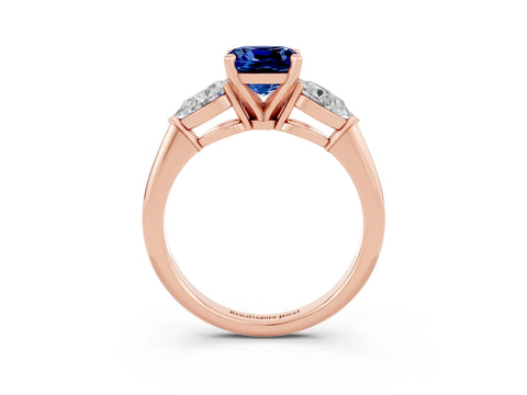 Rose gold Three-Stone Cushion Cut Blue Sapphire Ring with Pear Side Stones and Four-Prong Setting_3