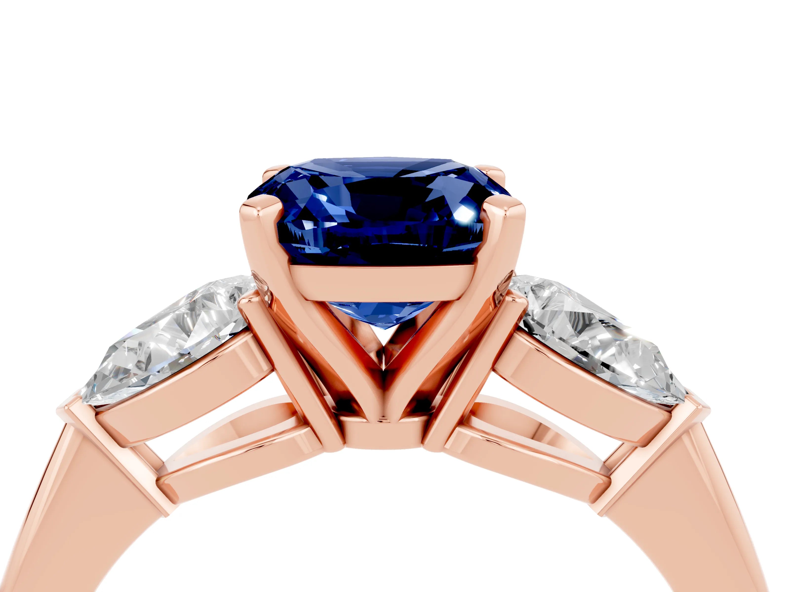 Rose gold Three-Stone Cushion Cut Blue Sapphire Ring with Pear Side Stones and Four-Prong Setting_4
