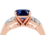 Rose gold Three-Stone Cushion Cut Blue Sapphire Ring with Pear Side Stones and Four-Prong Setting_4