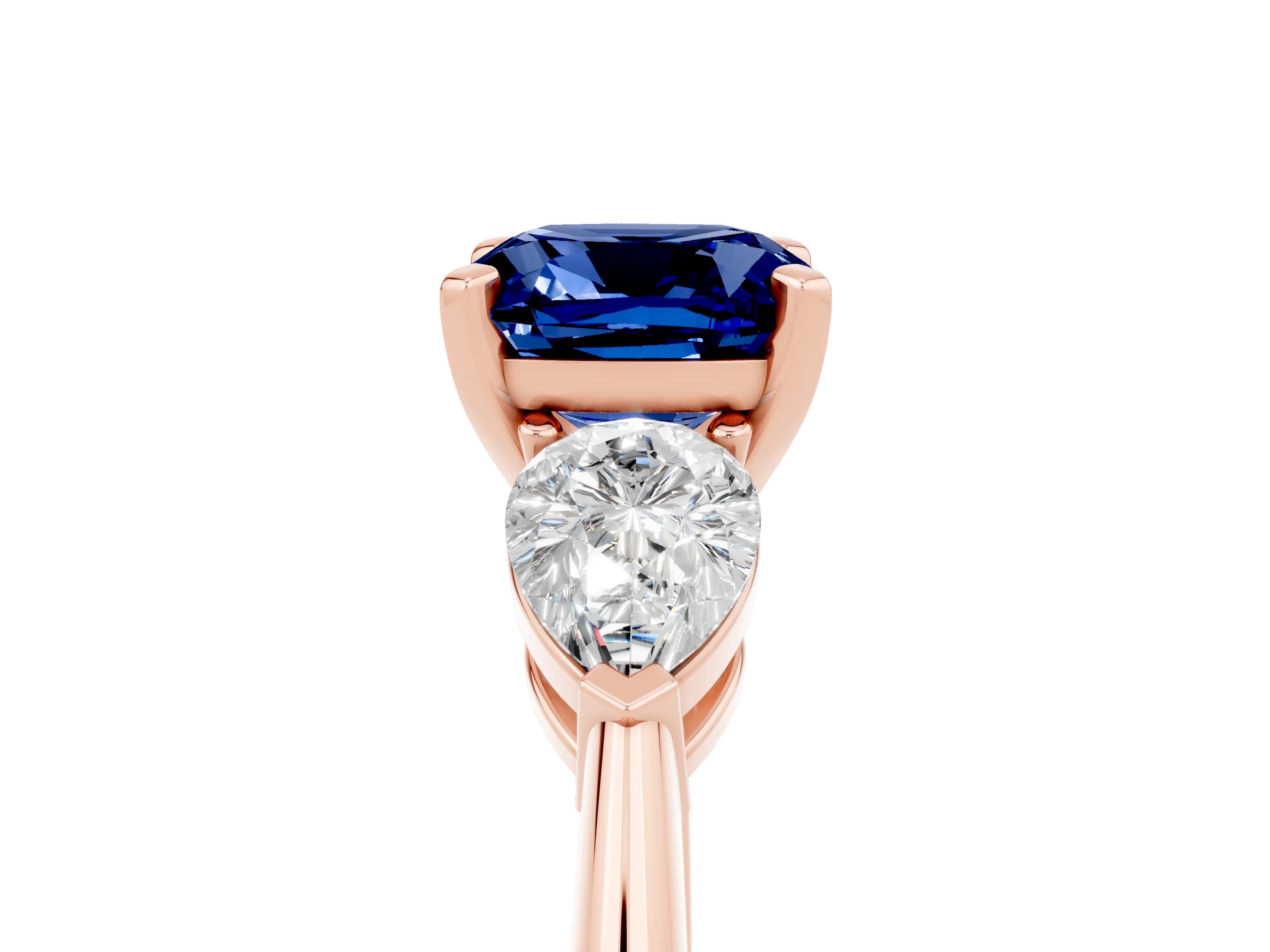 Rose gold Three-Stone Cushion Cut Blue Sapphire Ring with Pear Side Stones and Four-Prong Setting_5