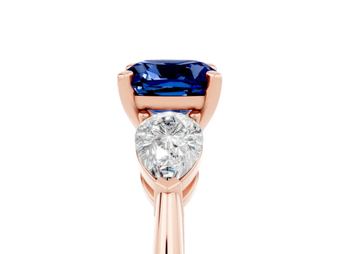Rose gold Three-Stone Cushion Cut Blue Sapphire Ring with Pear Side Stones and Four-Prong Setting_5
