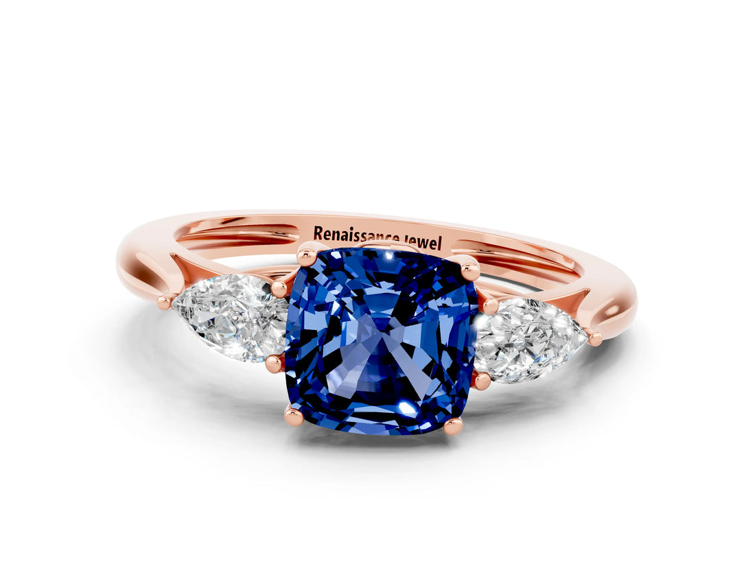 Rose gold Three-Stone Cushion Cut Blue Sapphire Ring with Pear  Side Stones in Four-Prong Setting_12
