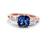 Rose gold Three-Stone Cushion Cut Blue Sapphire Ring with Pear  Side Stones in Four-Prong Setting_12